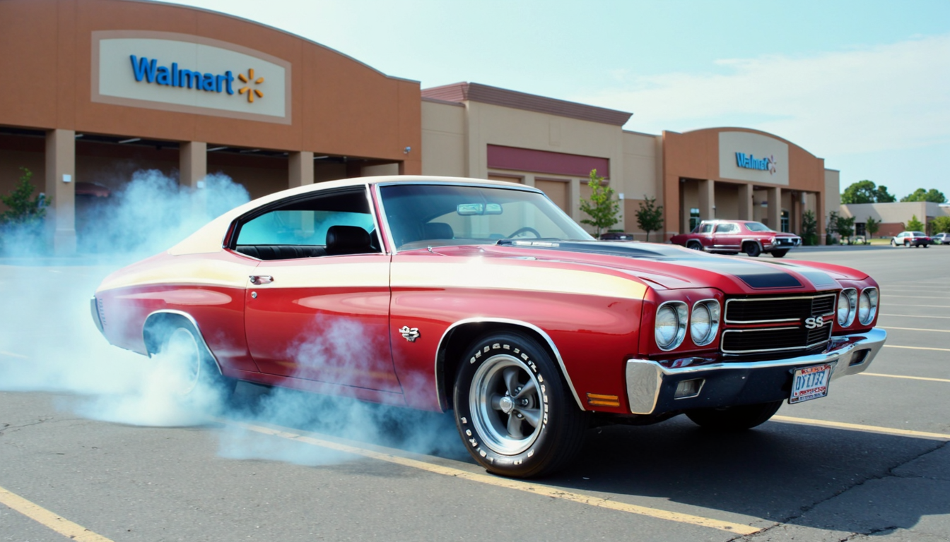 1970chevelless with two tone paint, doing donuts in a walmart parking lot, smoke from tires, teenage boy driving,
extremely detailed, sharp focus, sharp