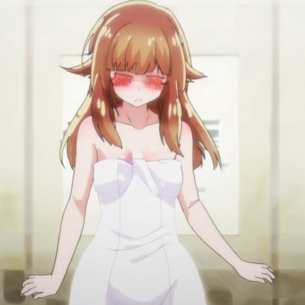 Aoi Yuzuki , full body , standing , bathtowel , hands on hip , blush , one eye closed , cute face , bathroom
