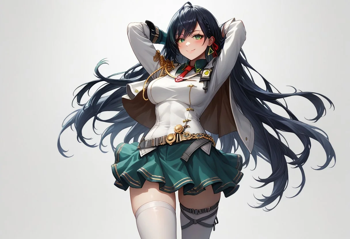 score_9, score_8_up, score_7_up, source_anime, good anatomy, 1girl, solo, LinToF, detailed face, beautiful face, dark green hair, long hair, green hair highlight, green eye, earing, red tie, red hair ribbon, green undershirt, white military unniform jacket, capelet, gold epaulette, asymmetrical green gloves, belt, straps, gold-trimmed green skirt, green skirt, miniskirt, white thighhighs, black high heels, leaping, arms over head, smiling, blushing