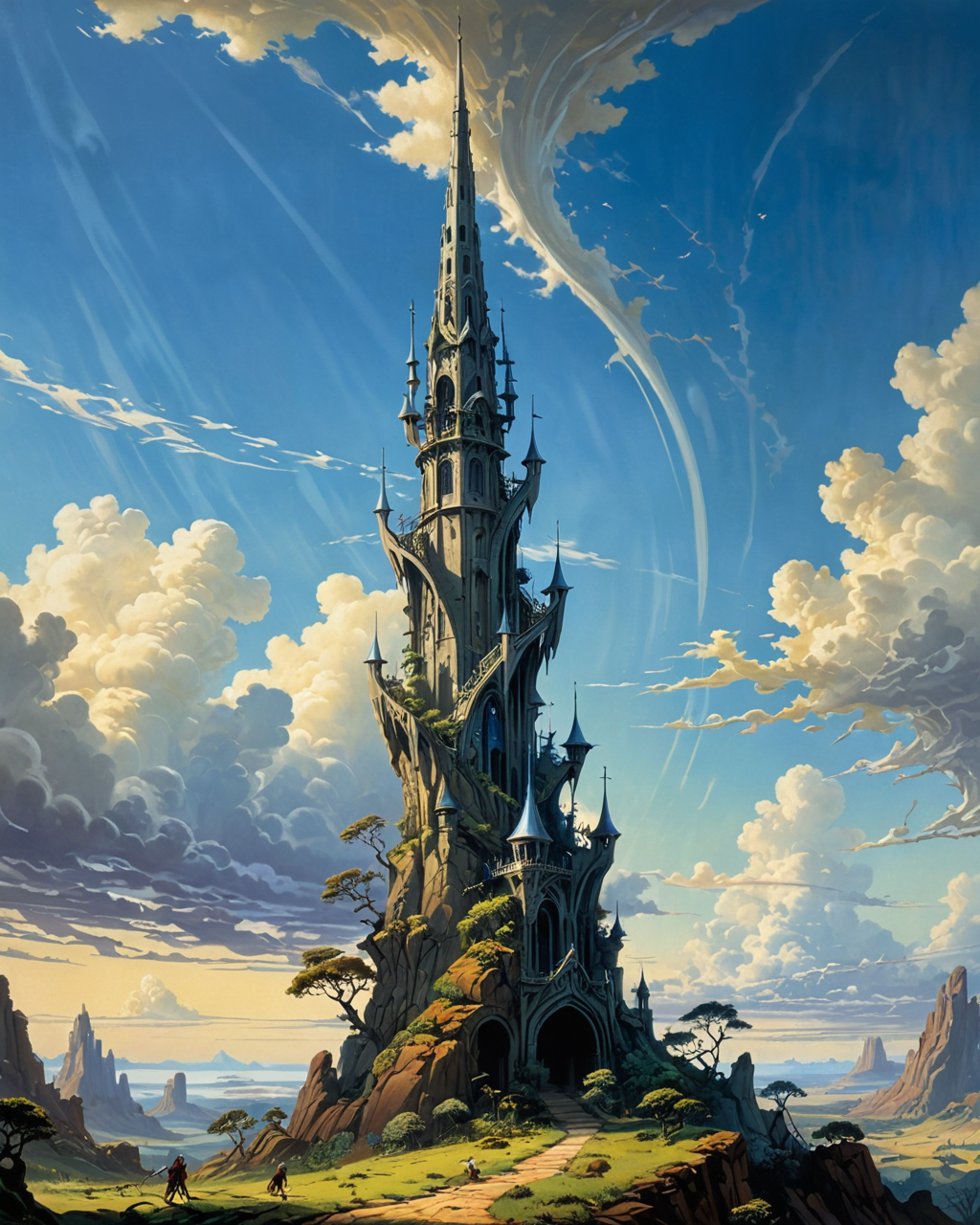 (landscape in the style of Roger Dean:1.4), (single slender towering spire with graceful curves arching up into the sky:1.9), (Rodney Matthews:1.3), closeup on a princess, high contrast, (chiaroscuro:1.5), <lora:add-detail-xl:0.75>, <lora:xl_more_art-full_v1:0.5>