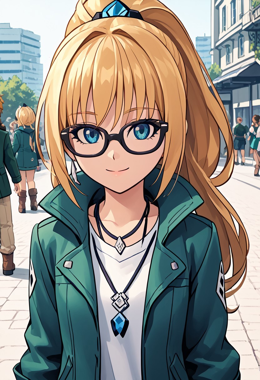 score_4,score_5,score_6,score_7_up,score_8_up,score_9 ((masterpiece,best quality,ultra detailed,highres,HD,4k:1.2)), 
Azure Striker Gunvolt(Main),
1 girl,solo,girl focus,solo focus,upper body,face focus,
<lora:krista-lenz-s1-ponyxl-lora-nochekaiser:1>, krista lenz, long hair, blue eyes, blonde hair, ponytail, low-tied ponytail, 
green jacket,open jacket,white shirt,Glasses, necklace, Beige pants,boots,
outdoors,
smile,light smile,