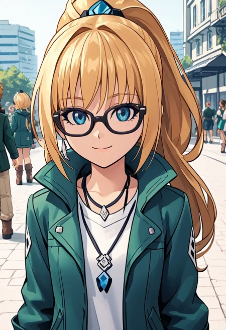 score_4,score_5,score_6,score_7_up,score_8_up,score_9 ((masterpiece,best quality,ultra detailed,highres,HD,4k:1.2)), 
Azure Striker Gunvolt(Main),
1 girl,solo,girl focus,solo focus,upper body,face focus,
<lora:krista-lenz-s1-ponyxl-lora-nochekaiser:1>, krista lenz, long hair, blue eyes, blonde hair, ponytail, low-tied ponytail, 
green jacket,open jacket,white shirt,Glasses, necklace, Beige pants,boots,
outdoors,
smile,light smile,