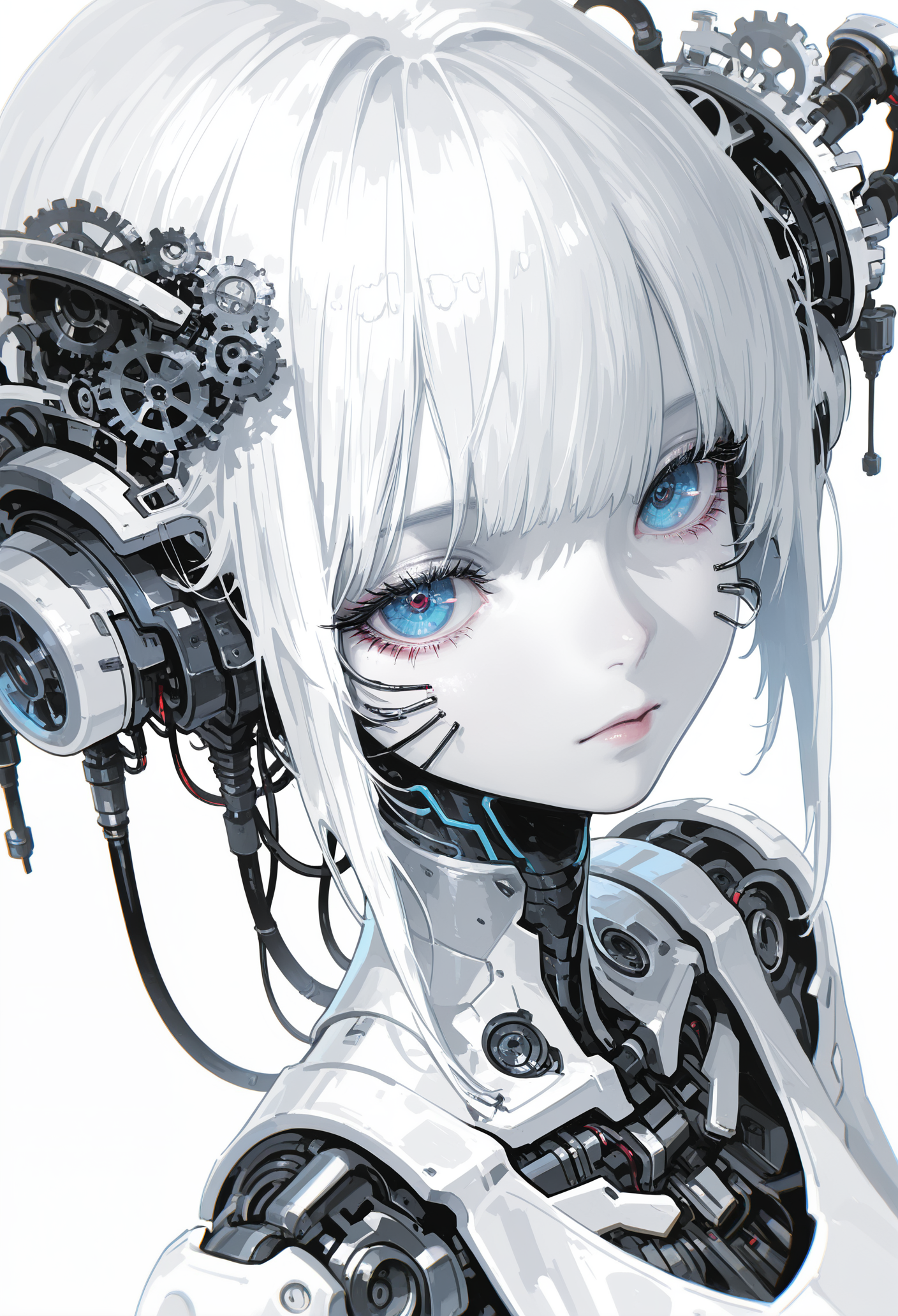 masterpiece, best quality, good quality, very awa, newest, highres, absurdres, no lineart, no outline, 1girl, solo, looking_at_viewer, blue_eyes, closed_mouth, eyelashes, lips, makeup, portrait, robot, close-up, science_fiction, realistic, android, cable, whiskers, gears, cyberpunk, eye_focus, chromatic aberration, white theme,limited palette,from above,dutch angle,fine art, 15546+456868, r17329_illu,flatline