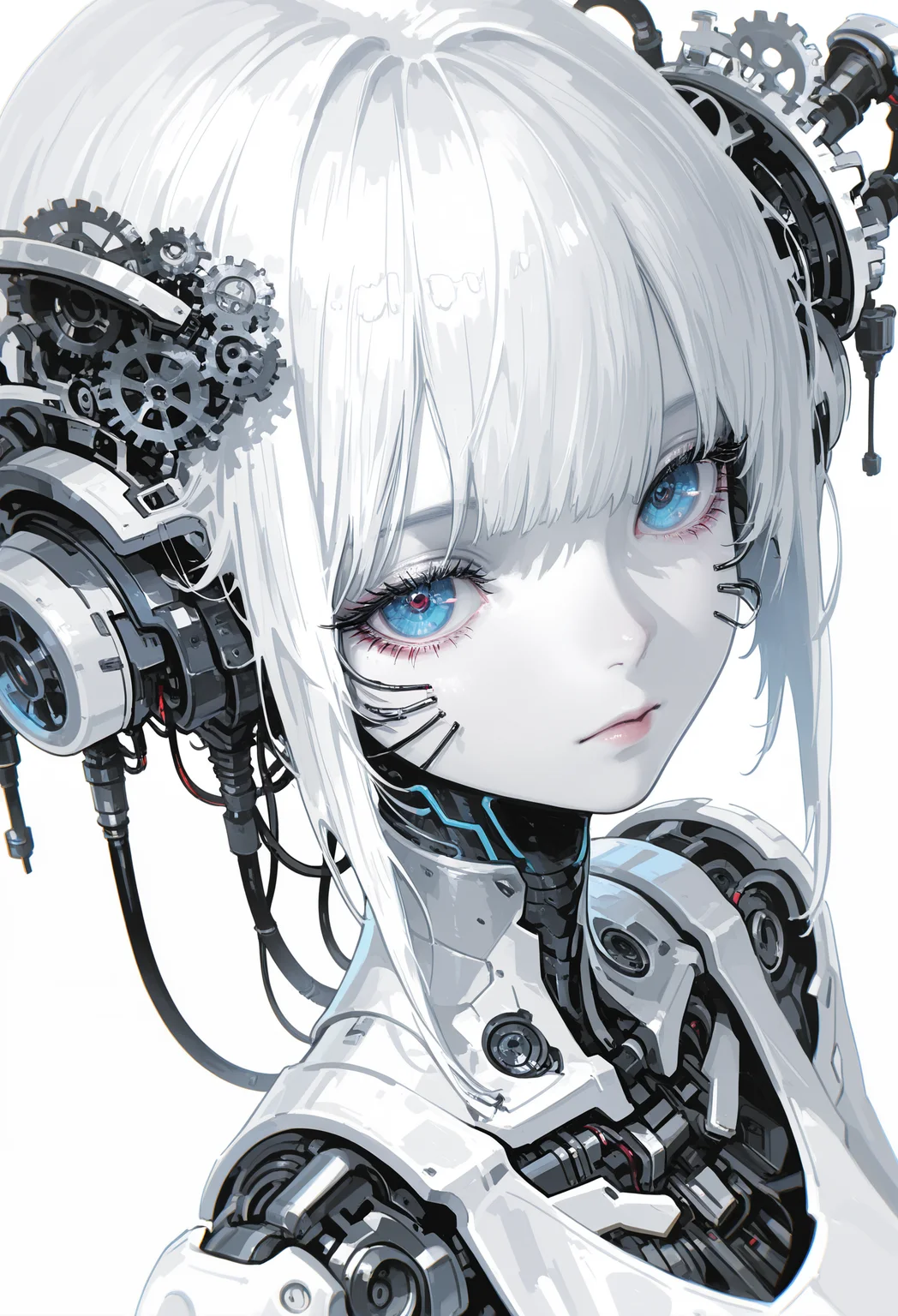 masterpiece, best quality, good quality, very awa, newest, highres, absurdres, no lineart, no outline, 1girl, solo, looking_at_viewer, blue_eyes, closed_mouth, eyelashes, lips, makeup, portrait, robot, close-up, science_fiction, realistic, android, cable, whiskers, gears, cyberpunk, eye_focus, chromatic aberration, white theme,limited palette,from above,dutch angle,fine art, 15546+456868, r17329_illu,flatline