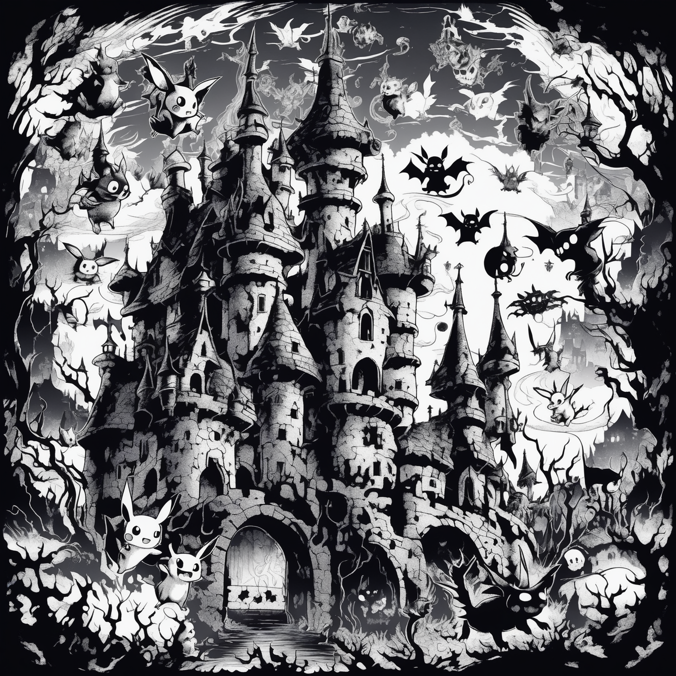 monochromatic ink, a demonic style pikachu creatures floating around a spooky castle with hidden surreal creatures, dark fantasy, highly detailed, exciting atmosphere <lora:xl-mink:0.99>