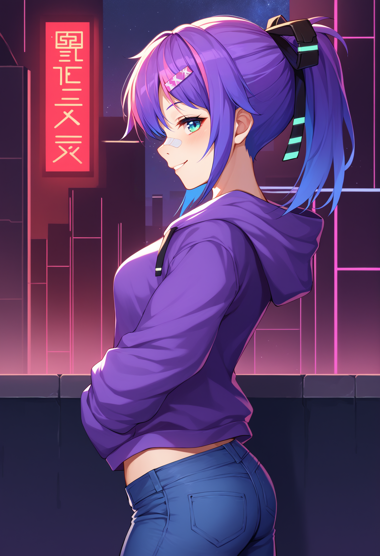 score_9, score_8_up, score_7_up, BREAK 1girl, solo, ProjektMelodyOriginal, bandaid on nose, medium breasts, <lora:ProjektMelodyOriginalPDXL_V1-Manityro-CAME:1.0>, outdoors, cyberpunk city, dark, night, starry sky, purple theme, three-quarter view, from side,
looking at viewer, smile, blush, toned, 
short hair, ponytail, hair ribbon, hairclip, purple hoodie, jeans