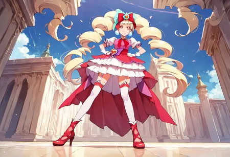 curemacherie, high heels, garter straps, thighhighs, outside,  score_9, score_8_up, score_7_up, ,source_anime, best quality, masterpiece,   , full body view ,collarbone ,  1girl , solo , girl focus , censored, standing, medium breasts,  score_9, score_8_up, score_7_up, ,source_anime, best quality, masterpiece, , garter straps , 1girl , solo , girl focus,, full body view, facing viewer, hands on hips, low angle view, from below,