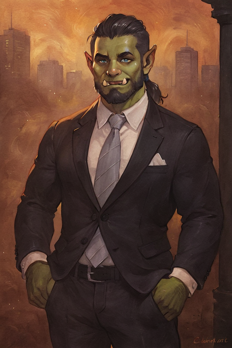 masterpiece, best quality, highres, newest, traditional media, realistic, watercolor \(medium\), orc, green skin, tusks, facial hair, beard, mustache, medium hair, black hair, hair slicked back, ponytail, blue eyes, formal, black suit, suit, white shirt, collared shirt, grey necktie, long sleeves, black pants, muscular, 1boy, solo, male focus, mature male, smile, looking at viewer, cowboy shot, standing, outdoors, city, building <lora:OIS - Red Lion [LoRA] - NoobAI-XL EPS 1.0:0.8>