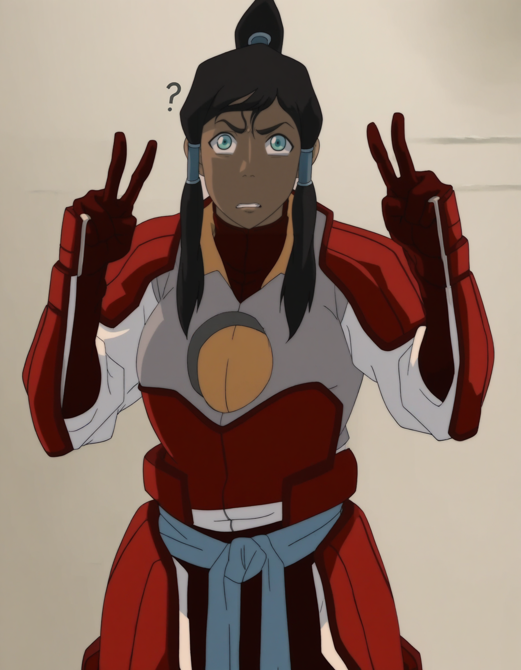 cowboy shot, <lora:modern_anime_screencap_v1_0:0.45> anime screencap, (highres, best quality), zPDXL, 
<lora:Pony_DetailV2.0:0.5>
<lora:t10m1n-000031:1> t10m1n, 1girl, dark-skinned female, aqua eyes, sidelocks, hair tubes, high ponytail, female focus, looking at viewer, confused, standing, peace sign, 
curvy, breasts, pbending_outfit, high_collar, red_collar, padded, blue belt
megami monthly magazine, white background,