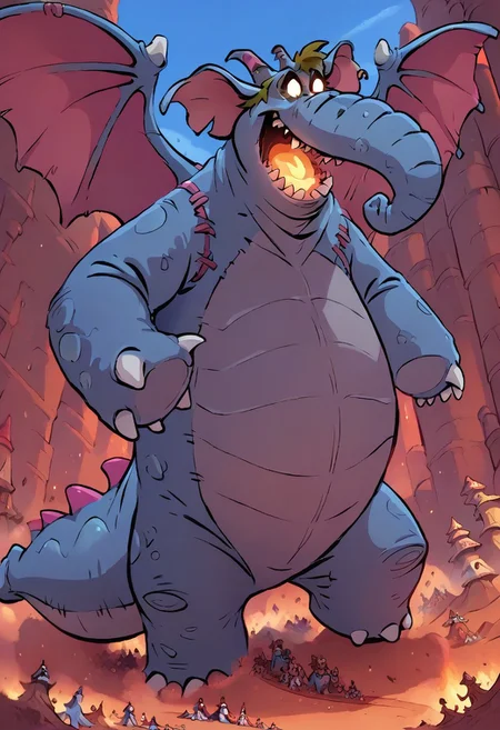 (score_9 | score_8_up | score_7_up) ((masterpiece:1))(best quality,very high quality,ultra detailed:1.2) (2D,cartoon style,anime style)(Smooth:2)(clean blurring) (four fingers on each hand,one thumb on each hand:1),
Abu elephant, elephant, solo, brown hair, grey skin, black eyes, trunk, trunk nose, elephant trunk, elephant ears, wearing a blue dragon costume, Dragon costume, giant, monster, final form, sharp teeth, claws, spikes, horn, wings, tail, glowing, glowing eyes, full body