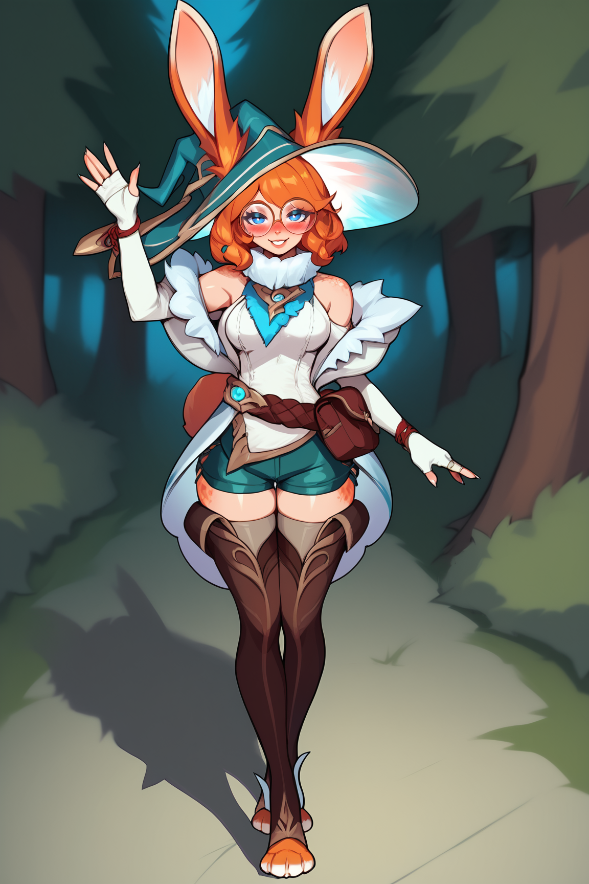 score_9, score_8_up, score_7_up, score_6_up, BREAK, AuroraLoLPXL, glasses, blue eyes, orange hair, short hair, rabbit ears, animal ears, ears through headwear, witch hat, rabbit tail, medium breasts, off shoulders, white jacket, white dress, green shorts, short shorts, brown thighhighs, rabbit feet, solo, full body, standing, waving, seductive smile, looking at viewer, naughty face, nose blush, forest, tree <lora:AuroraLoLPXL:1>