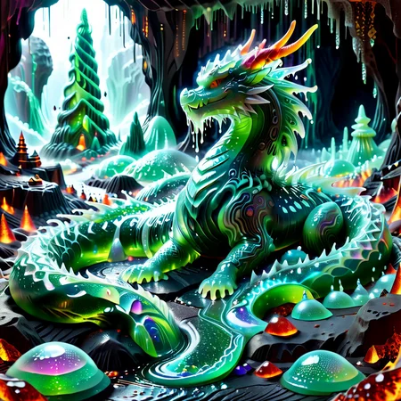 embedding:lazympos a serpentine dragon coiled around a slime-obelisk, iridescent scales dripping goo, jagged slime crystals protruding from molten terrain, chromatic slime lava pools, swirling fog, sl1m3d, slime-morph, intricate textures <lora:Slime_Morph_V4:1.0000000000000002> <lora:TrendCraft_The_Peoples_Style_Detailer-v2.1A-3_12_2025-SDXL:0.20000000000000004>