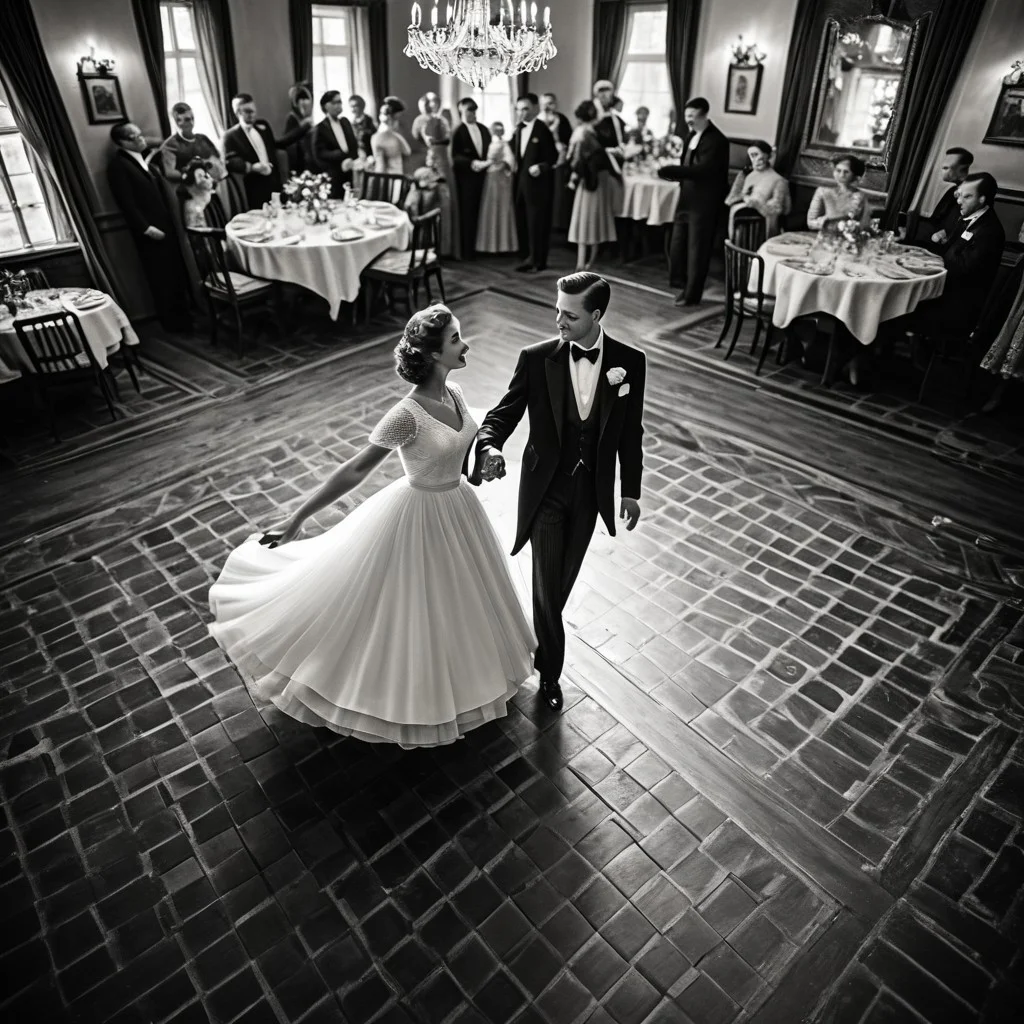 1male, 1female, Graceful couple in stunning vintage outfits, dancing elegantly with poise in a vintage-era setting, retro black and white theme, capturing timeless elegance, focus on the couple as they move gracefully together, with a collection of cherished couple photos displayed in the background, viewed from a bird's-eye perspective, adding depth and a unique angle, enhancing the nostalgic and romantic ambiance.