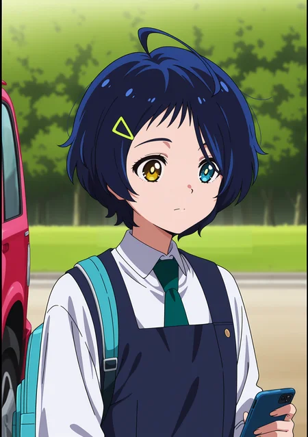 detailed background, official style,anime coloring, (anime screencap) masterpiece, detailed face,1girl <lora:Ai_Ohto:0.8>Ai, heterochromia, necktie, shirt, hair ornament, holding, hairclip, short hair, phone, blue hair, white shirt, holding phone, blue eyes, long sleeves, cellphone, bag, ground vehicle, ahoge, collared shirt, outdoors, motor vehicle, car, closed mouth, upper body, backpack, yellow eyes, blurry, bangs, school uniform, blurry background, smartphone