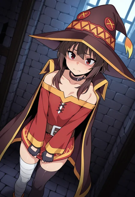 Masterpiece, best quality, ultra-detailed, dynamic angle, dynamic composition, vibrant colors, high contrast, thick lines, strong shadows, saturated colors,1girl,solo,
megumin, red eyes, brown hair, short hair with long locks,
witch hat, red dress, short dress, off-shoulder dress, collarbone, choker, black thighhighs, belt, bandaged leg, single thighhigh, cape, fingerless gloves, mismatched legwear, asymmetrical legwear,
inside a dungeon, (((dark corridors))), darkness, stony, fearful, nervous, standing, still,