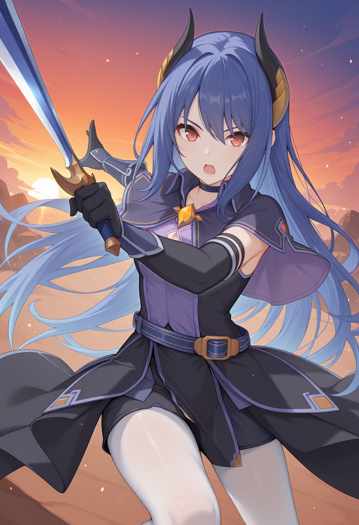 highres, best quality, masterpiece, sunset,
1girl, solo, pcrrei, very long hair, blue hair, demon horns, red eyes,
reipcdef, black choker, purple shirt, black dress, clothing cutout, black capelet, blue belt, black skirt, skirt under dress, high-low skirt, elbow gloves, black gloves, white pantyhose,
looking at viewer, serious, open mouth, 
holding sword, fighting stance, foreshortening, 
<lora:_rei_pcr-elesico-ilxlAb-000002:1>