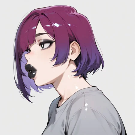 three quarters view, side profile, 1girl, solo, head and shoulders, almond eyes, large eyes, black pupils, black eyes, (thick lips), big lips, black lipstick, shiny lips, bright hair, ((violet hair)), short hair, bangs over one eye, emo bangs, chubby, plump, (asymmetric hair), hair shorter on one side, (sideshave), gray shirt, masterpiece, best quality, high res,