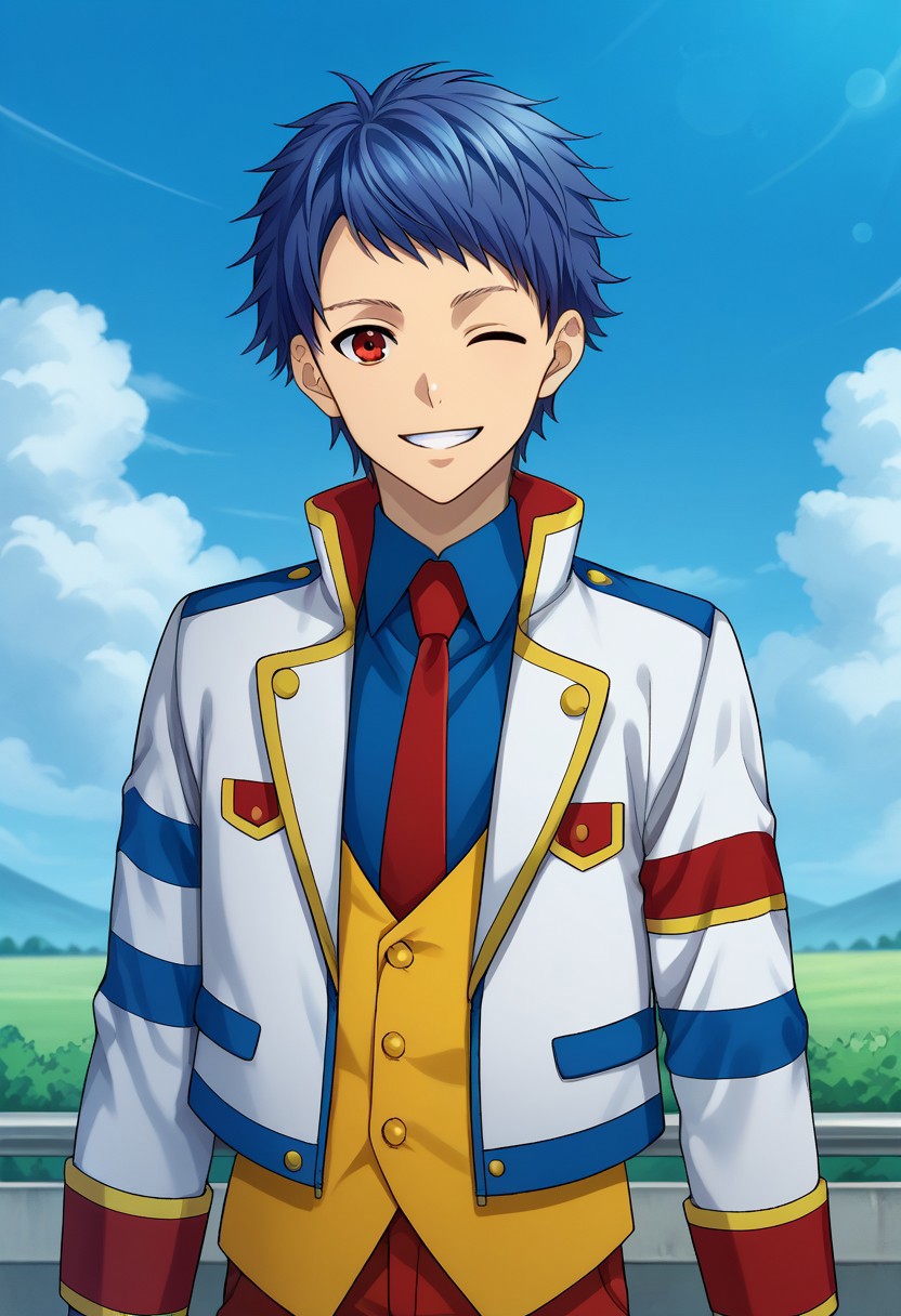 score_9, score_8_up, score_7_up, source_anime, highly detailed, 

Ichijou, 1boy, male focus, solo, blue hair, short hair, red eyes, jacket, white jacket, long sleeves, striped, striped jacket, open jacket, open clothes, vest, yellow vest, shirt, collared shirt, blue shirt, necktie, red necktie, pants, red pants, upper body, one eye closed, smile

outdoor, sky,
