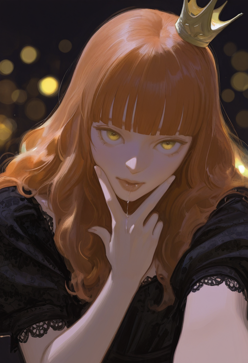 yuming li artstyle, 

selfie, 

1girl, solo, yellow eyes, orange hair, long hair, blunt bangs, 

black dress, lace trim, mini crown, 

head down, head tilt, looking down, upturned eyes, looking at viewer, hand up, v over mouth, saliva, 

blurry background, depth of field, bokeh, 

masterpiece, best quality, amazing quality, 