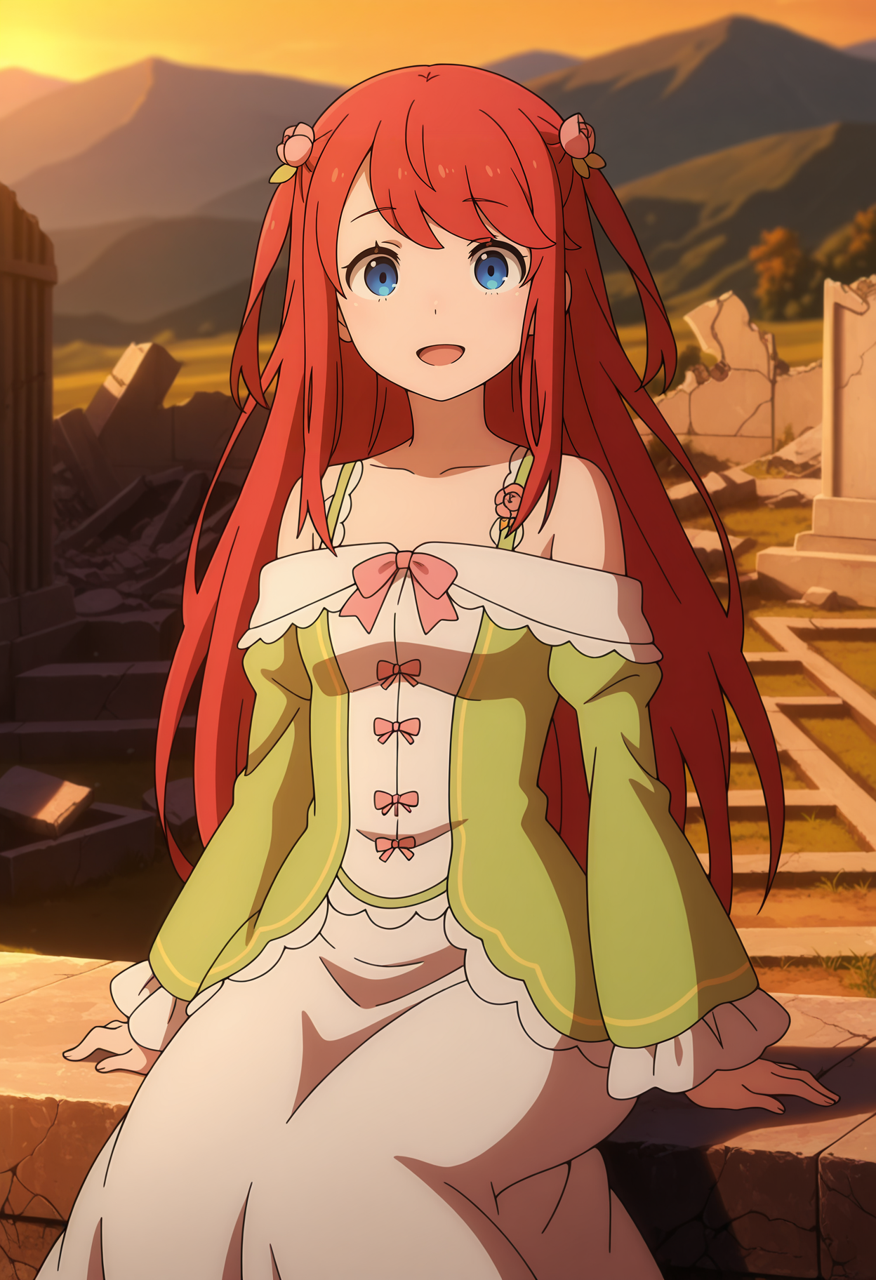 anime screencap, masterpiece, best quality,
<lora:ReZero_TheresiaVanAstrea_IlluXL:0.9>,
1girl, solo, open mouth, smile,
two side up, swept bangs, long hair, red hair, blue eyes, hair flower,
off-shoulder dress, multicolored dress, white dress, green dress, pink bowtie, long sleeves, long dress, frilled dress,
sitting, looking at viewer, cowboy shot,
scenery, garden, sunset, mountainous horizon, ruins, stone, photo background, blurry background