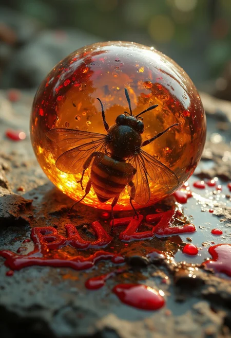 improved cinematic photo, 35mm photograph, film, professional, 4k, highly detailed, A ruby fragment enclosing a Human Heart, The ruby fragment is a smooth, slightly irregular sphere, roughly the size of a marble, with a warm golden-brown hue. the ruby heart is dripping crimson blood. The blood spells out the word "BUZZ" on the surface below it. The ruby heart's surface is polished, gleaming softly under light, revealing a mesmerizing play of golden, honey, and orange tones. Tiny air bubbles and organic inclusions are scattered throughout, lending it a sense of antiquity and natural complexity. Inside, a perfectly preserved Human Heart lies suspended in time, its delicate body encased in the translucent ruby. Around the Human Heart, subtle striations and minute organic fragments, possibly plant material or dust, create a vignette that frames the insect. The ruby's clarity varies in places, with some sections slightly cloudy, further accentuating the Human Heart as the focal point. The fragment feels timeless, a tiny time capsule offering a glimpse into a prehistoric world millions of years ago