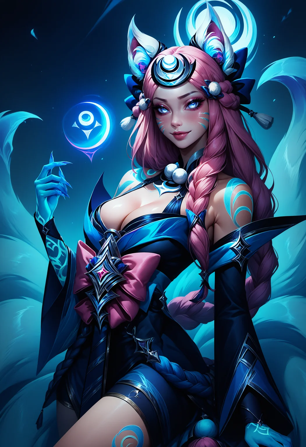 score_9, score_8_up, score_7_up, 1girl, ahriSnwMn, animal ears, facial mark, blue fox tail, multiple tails, long hair, braid, pink hair, blue eyes, large breasts, blue hands, makeup, crescent, hair ornament, short dress, bare shoulders, cleavage, long sleeves, bow, tattoo, <lora:AhriAllInOne_pdxl_Incrs_v1:1>, seductive smile,