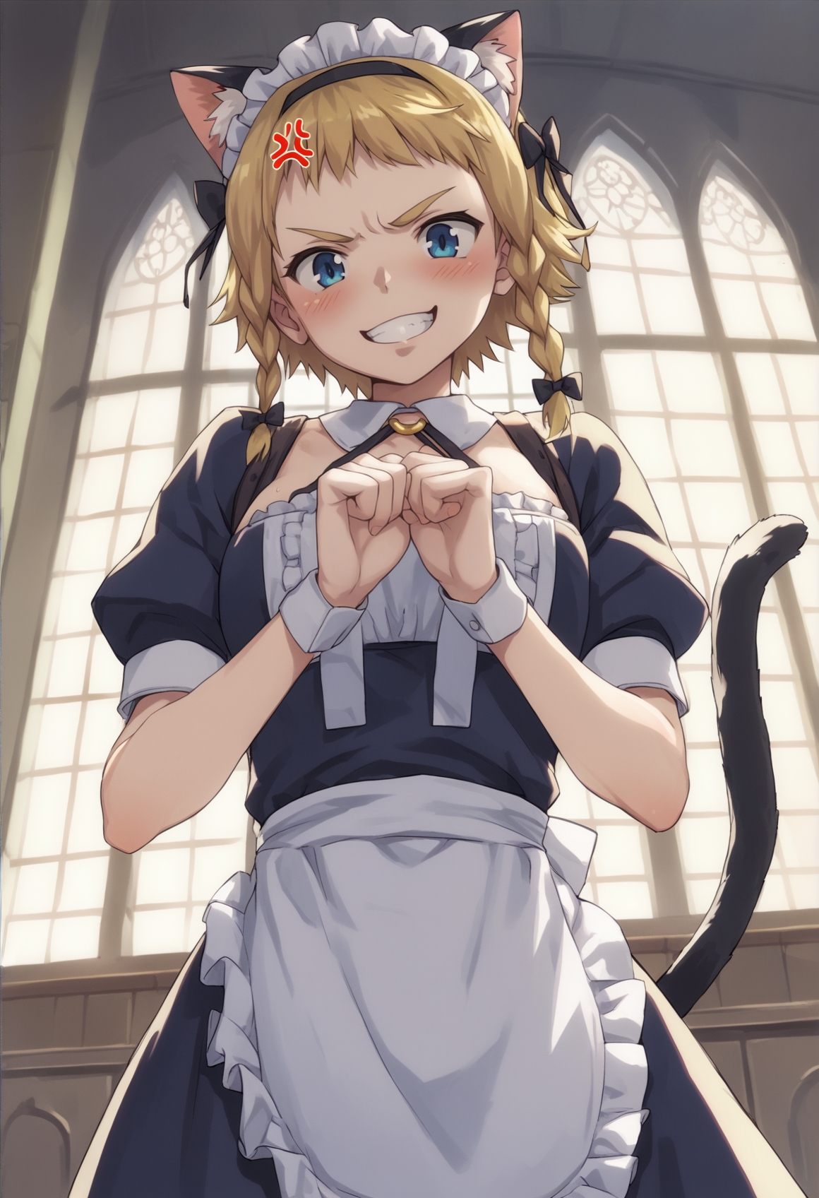 1girl, blonde hair, short hair, twin braids, o ring, blue eyes, maid uniform, maid headress, cat ears, hair bow, cat tail, miniskirt, apron, covering crotch, blushing, nevervous smile, indoors, mansion, anger vein, <lora:Leina XL:0.8>, score_9, score_8_up, score_7_up, score_6_up, score_5_up, score_4_up, BREAK source_anime, masterpiece