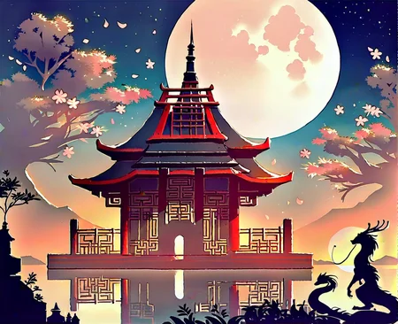 score_9, score_8_up, score_7_up, score_6_up, score_5_up, score_4_up, A magnificent dragon temple under a chinese night sky with an eastern dragon silhouette over the moon, rating_safe
BREAK
source_furry, eastern dragon, silhouette, temple, outside, sky, moon, window, reflection, pond, plant, flower, asian mythology, east asian mythology, chinese zodiac, cjk character, text, food creature, cherry blossom, breeze, lineless, watercolor painting, painting