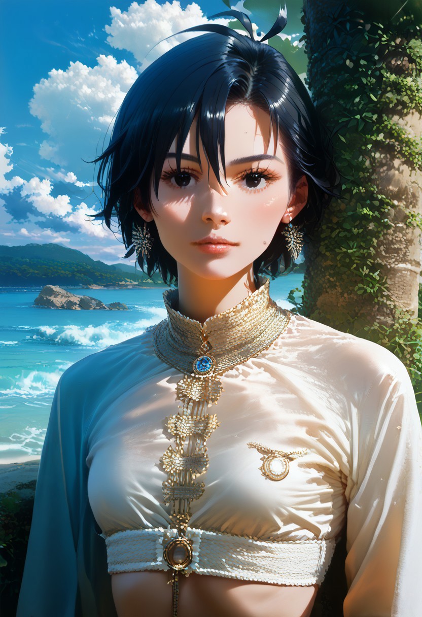 score_9, score_8_up, score_7_up, score_6_up, source_anime, <lora:Worldly_XL:1.25> <lora:AIU 0.3v:1.1> detailerlora, sunlight, ocean, seabirds, waves, open sky, clouds, wind, nature, coastal vegetation, small coastal flowers, 1girl, solo, Kikuchi Makoto is walking on the beach in windy weather, <lora:KikuchiMakoto_pony_v1:0.9> kkcmkt, short hair, black hair, antenna hair, hair between eyes, black eyes, flat chest, small breasts, summer clothes, beachwear, swimwear, Score_PnyReal, <lora:StS_PonyXL_Detail_Slider_v1.2:5>