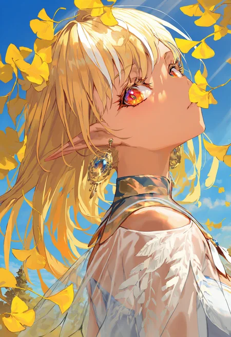 by [lack|fuzichoco|lam|kinta \(distortion\)|wlop|quasarcake|nixeu|happoubi jin|miyajima reiji|demizu posuka],
shiranui flare, 1girl, virtual youtuber, blonde hair, dark-skinned female, streaked hair, multicolored eyes, long eyelashes, colored eyelashes, tree shade, ginkgo leaf, outdoors, sunbeam,
jewelry, gold trim, 1girl, feather trim, solo, jewelry, blonde hair, earrings, multicolored hair, gradient hair, see-through, whorled clouds, blue sky, pointy ears, looking at viewer, sunset, dappled sunlight,
masterpiece, best quality, very aesthetic, absurdres
<lora:illustrious_all_rated_v1:1>