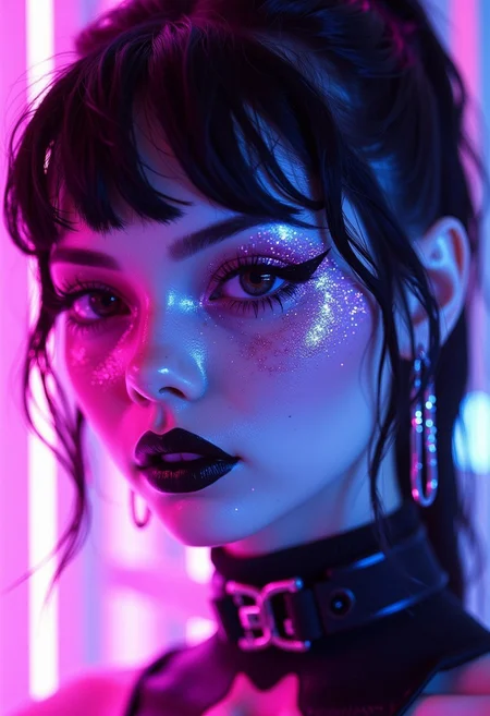 This is a highly detailed, digital illustration of a young woman with a striking, futuristic aesthetic. She has a pale skin tone and is adorned with a vibrant, neon-lit makeup that includes sparkles and intricate designs around her eyes and face. Her hair is styled in a messy, high ponytail with bangs framing her face. She has a sharp, intense gaze with dramatic, winged eyeliner and bold, dark lipstick.