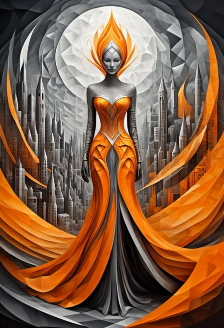 (best quality), (UHQ, high resolution), carcosa city,create 3d rendering abstract image, orange and silver colors prevaile, a beautiful woman standing in the world of geometry figures. Her dress make in cubism style, Intricate make up, Use cubism style, optical art. Ink painted,Cubist artwork