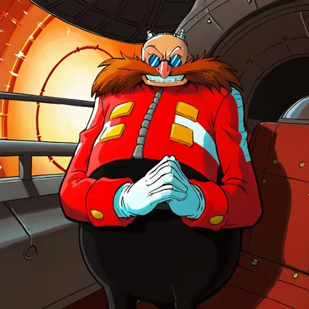 Dr Eggman, Eggman, 1boy, solo, gloves, glasses, white gloves, facial hair, round eyewear, eyeglass glare, mustache, bald, chubby, red military jacket, evil grin, HD, 8k, high quality, ((intense shading)), ((dutch angle, cinematic)), gradients, ((airship interior background)), perfect anatomy, shaded face, teeth, evil eyes, EasyMalePortrait, hands together, perfect hands, ((highly detailed, masterpiece, perfect)), dadbod