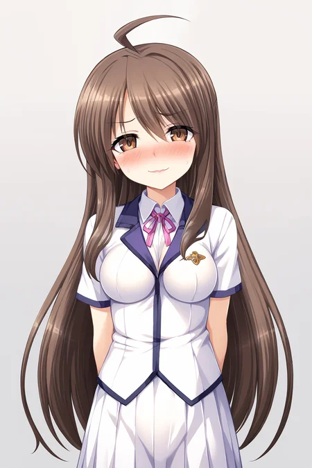 (((masterpiece))),((best quality)),<lora:Quan_XL:0.3>,1girl,solo,blush,long hair,ahoge,medium breasts,white background,looking at viewer,incredibly absurdres,smirk,(corruption:0.9),<lora:wy3:0.9>,<lora:DetailedEyes_V3:1>,arms_behind_back,cowboy_shot,adorable_girl,school_uniform,(brown hair:1.1),