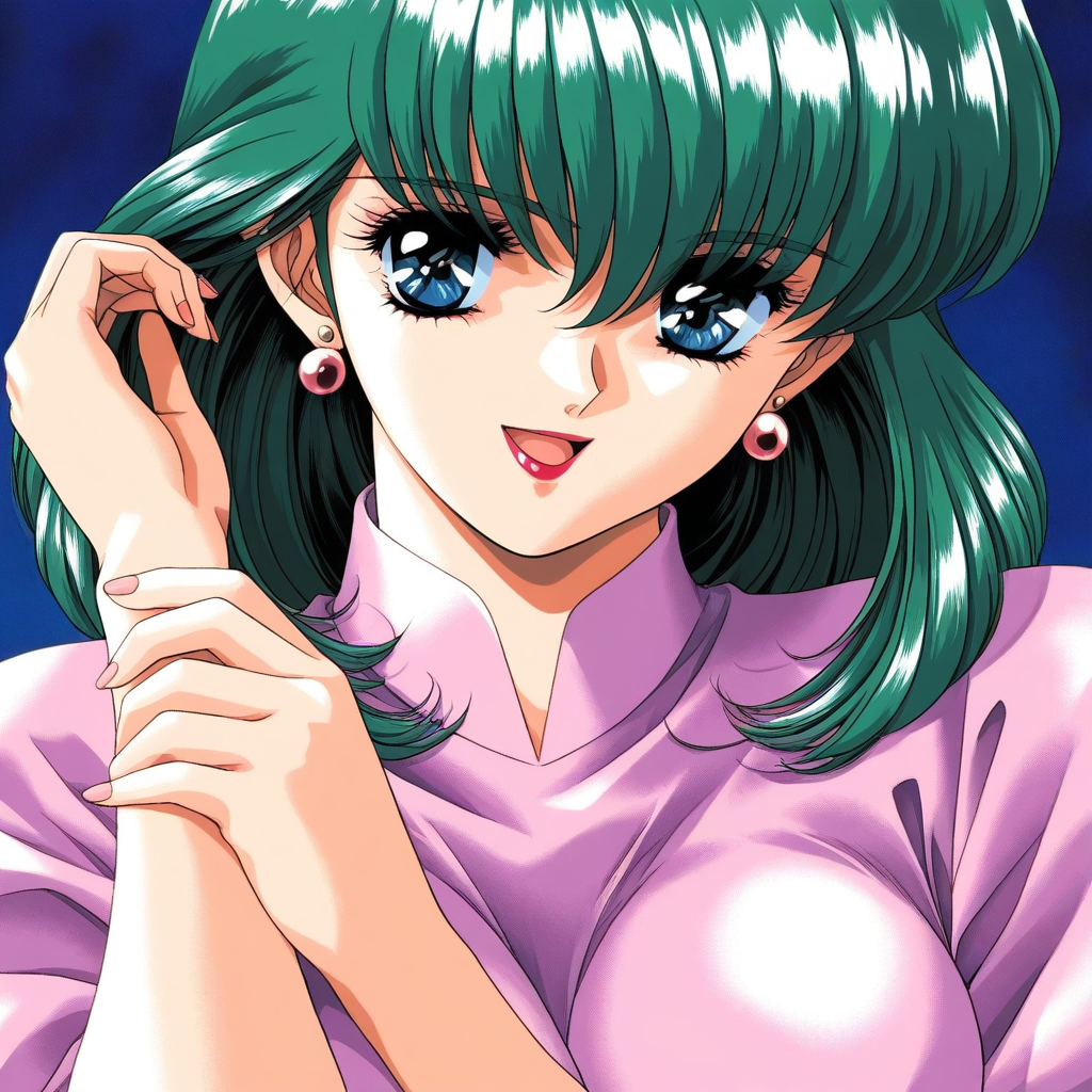 general,highres, ultra-detailed,very aesthetic,best quality ,best hands, BREAK <lora:Asakura_Kaori_YU-NO_IS:1>
Asakura_Kaori(YU-NO), 1girl, solo, green hair, large breasts, medium hair, blue eyes, lipstick, bangs, earrings, 
 close-up, smile, makeup, retro artstyle, portrait, looking at viewer, 1990s (style), hair between eyes, open mouth