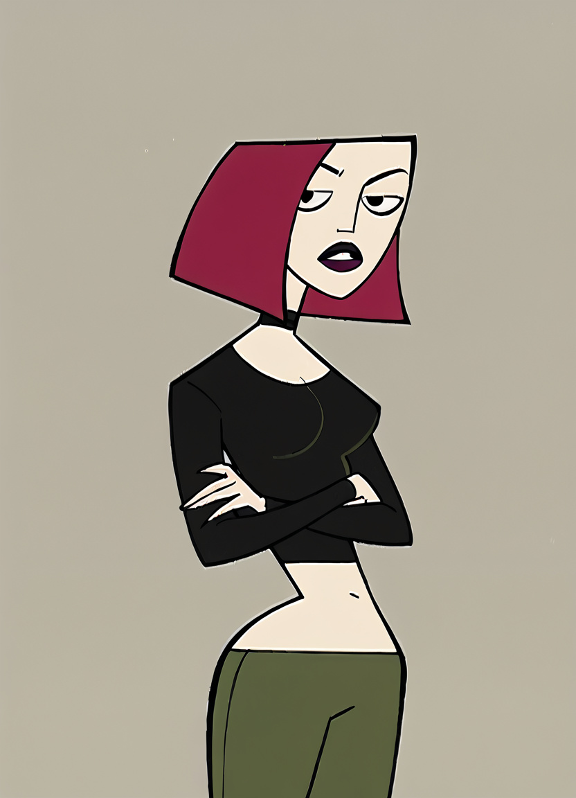 joan, 1girl, solo, red hair, short hair, breasts, lipstick, choker, crop top, midriff, green pants, black eyes, score_9, score_8_up, score_7_up, score_6_up, score_5_up, score_4_up, looking at viewer, crossed arms, cowboy shot,simple background,  <lora:JoanCHPony1.0:1>