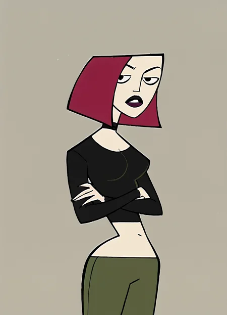 joan, 1girl, solo, red hair, short hair, breasts, lipstick, choker, crop top, midriff, green pants, black eyes, score_9, score_8_up, score_7_up, score_6_up, score_5_up, score_4_up, looking at viewer, crossed arms, cowboy shot,simple background, <lora:JoanCHPony1.0:1>