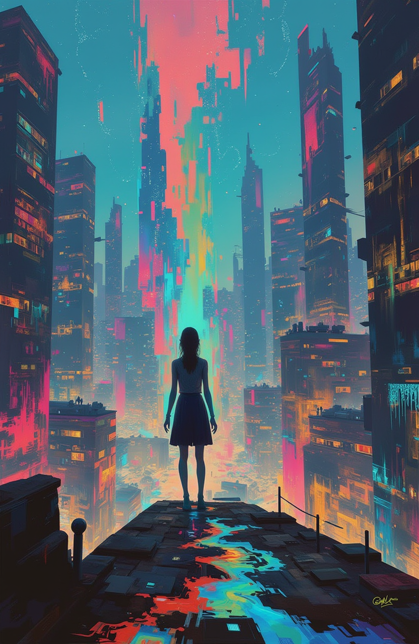 psycho_4rt, This is an artheon-style painting that merges the surreal with the abstract. The scene depicts a cyberpunk woman standing on a rooftop, overlooking a futuristic cityscape filled with towering buildings and glowing lights.