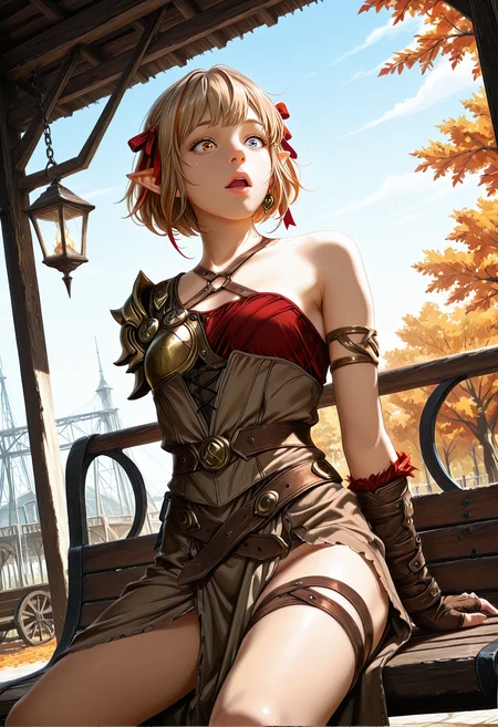 very awa, lineart, realistic, photo_(medium), [sei shoujo], [yoshiten], style parody, [bang dream!], [arcane: league of legends], [league of legends], (dynamic angle:1.3), (cowboy shot:1.2) BREAK 1girl, solo, <lora:elves:0.5> half elf, pointed ears, medium violet streaked hair, very short hair with hair ribbon, heterochromia eyes, (light brown skin:1.2), voluptuous body, narrow hips, attractive figure, small breasts, perfect hands, colored lips, (amazed), BREAK barbarian, wearing ribbed (detailed pastel brown_red and brown hide armor gown), armlets,, coloured trim,, <lora:Barbarian_Outfit:0.7> B4rbarian, fur trim BREAK medieval, fantasy, outdoors, fantasy park, lanterns, urban details,, sitting, indian style , one arm behind back, on bench, autumn, day, hard light, blue sky, autumn_leaves,, volumetric lighting BREAK <lora:Expression_Detailer_Illustrious_Lora:0.7> <lora:BV_Style_Illu_Edition:0.8> BV-Illu