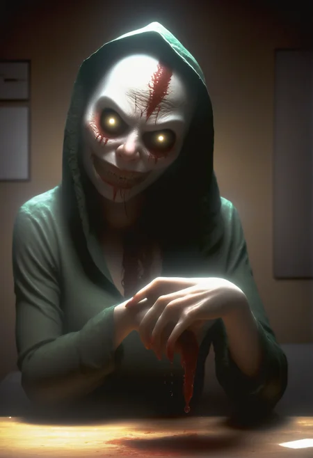 horror, big-nosed wetstomper, horrid wilting,gaunt figure,splattered blood, warmly lit interior, in a Faded train<lora:EnvyHorrorXL01:1><lora:EnvyMonsterXL01:1.3>