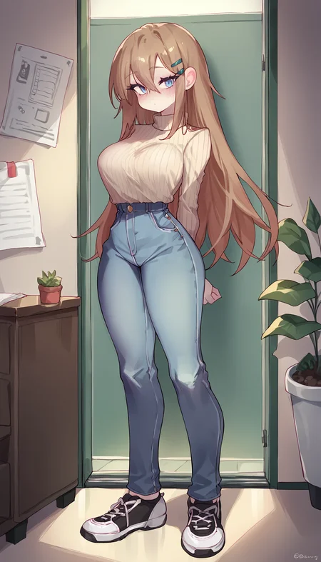 score_9, score_8_up, score_7_up, score_6_up, score_5_up, score_4_up, source_anime, BREAK
1girl, solo, long hair, breasts, looking at viewer, blush, indoors, breasts, hazel hair, hair clip, dress, hair between eyes, very long hair, standing, full body, blue eyes, shoes, turtleneck sweater, jeans, arms behind back
<lora:eonsang_PDXL_v1.0a:1>