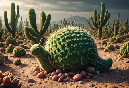 prickly pear style, 4k, high detail, high quality, realistic, full body, dramatic lighting, a beautiful desert, with cactus, snail, sfw, PG, detailed background