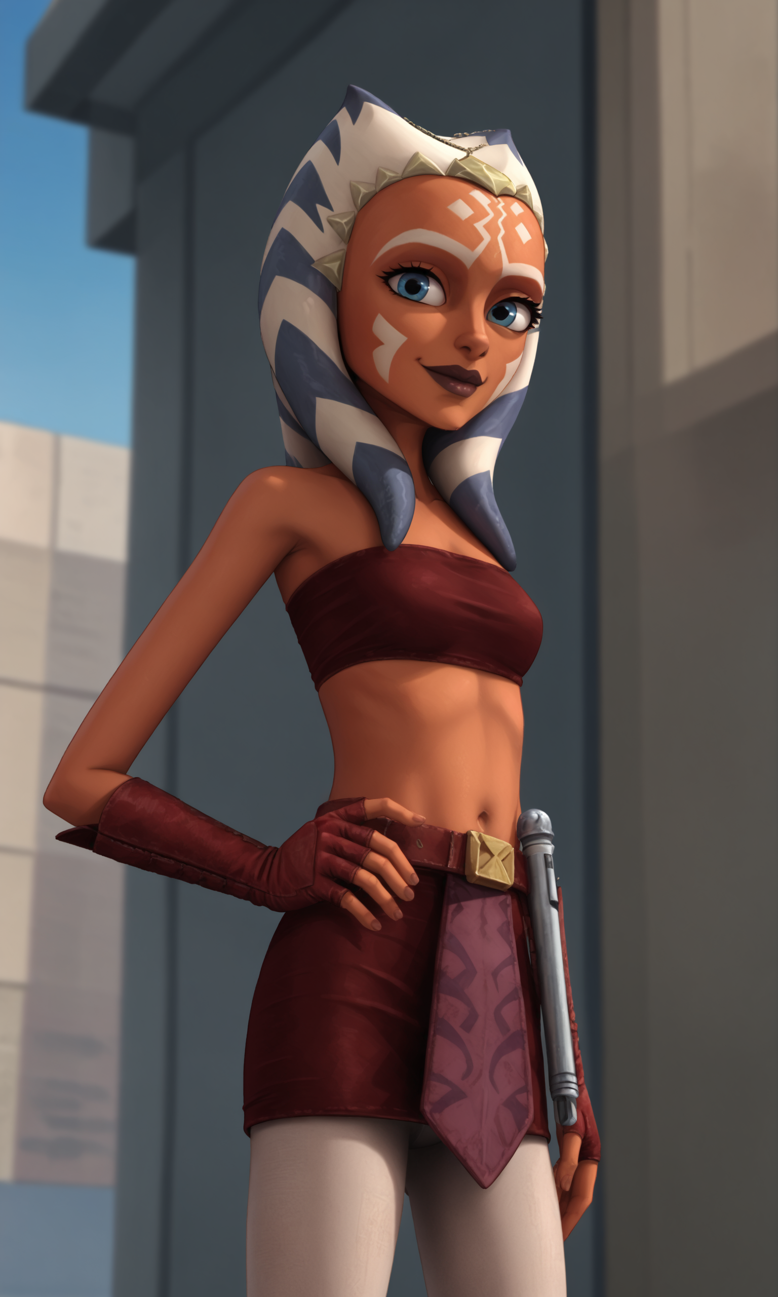 score_9, score_8_up, score_7_up, 1girl, ahsoka, blue_eyes, white_hair, medium_hair, small_breasts, red_bandeau, pencil_skirt, red_skirt, elbow_gloves, red_gloves, white_pantyhose, red_belt, looking_at_viewer, smile, closed_mouth, hand_on_own_hip, outdoors, sky, day