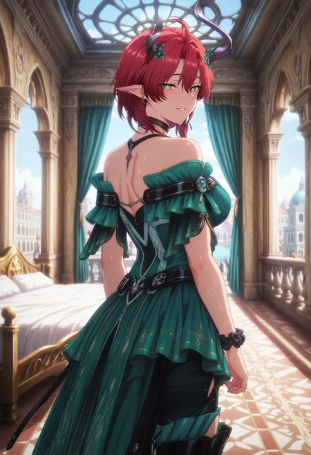 masterpiece,best quality,amazing quality,
source anime,anime screencap,anime coloring,fake screenshot, dramatic lighting,
uncensored,
BREAK,
1girl, mature female,
ciaccona \(wuthering waves\), ciacconanyx, pointy ears, red hair, green eyes, dress, horns, thigh boots, thighhighs, high heels, hair ornament,short hair, black footwear, medium breasts, bare shoulders, bangs,
wrist scrunchie, wrist cuffs,scrunchie, large breasts, ahoge,elf, hair between eyes, earrings,mole under eye,symbol-shaped pupils, piercing, ear piercing, choker, jewelry,
sweat,toned,
perfect face, beautiful eyes, beautiful face,perfect anatomy,perfect breasts, detailed fingers, fingernails, detailed eyes,
BREAK,
solo, solo focus, standing, upper body, close-up, looking at viewer, portrait, from behind, looking back
biting own lip, half-closed eyes, blush,
BREAK,
sidelighting,
beautiful background, day, blue sky,
Detailed Background, scenery, indoors, venice, fantasy, ornate architecture, elegant, bedroom, bed, venetian architecture, elegant furniture, canopy bed, velvet curtains,
saimin, saimin seishidou, colorful, ultra detailed,
<lora:saimin_seishidou_by_Nyx_for_Illu:0.8>, <lora:Smooth Booster detail:0.6>, <lora:Ciaccona_by_nyx_for_Illu_v2:0.8>,<lora:modern_anime_screencap_v1_0:2>,