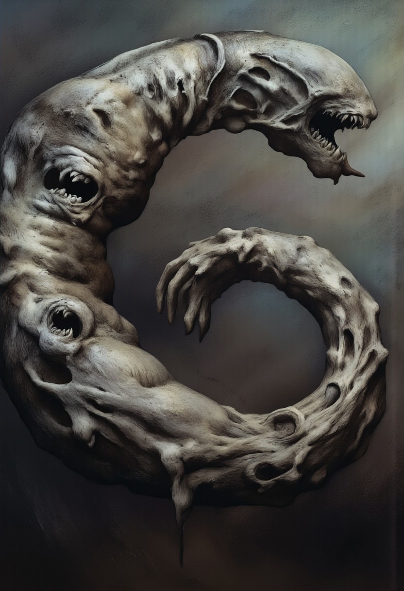 aidmaMJ6.1, Made out of paper, a PaperStyle , d4artstyle, d4concept, , d00mstyle, made of clay, ZBClay model of a gray sculpture
A grotesque, worm-like monstrosity covered in pale, wrinkled flesh that appears decayed and diseased. The creature's twisted body is riddled with multiple gaping mouths, each filled with jagged teeth, giving it a nightmarish appearance. The largest mouth, positioned at the head, is wide open, with a long, drooling tongue hanging out. Smaller mouths are scattered across its body, some partially closed and others wide open in a perpetual state of hunger, creating an unsettling texture of constantly shifting orifices. The skin is mottled with patches of rot and sores, adding to its horrific, parasitic look. The overall design evokes a sense of grotesque horror, blending elements of decay and predatory menace.
Background solid color with a faded dimly lit, fog-covered darkness tone that emphasizes its silhouette. 
 The medium is not a traditional painting or illustrative medium like watercolor or ink but rather a digital rendering, eerie and unsettling.