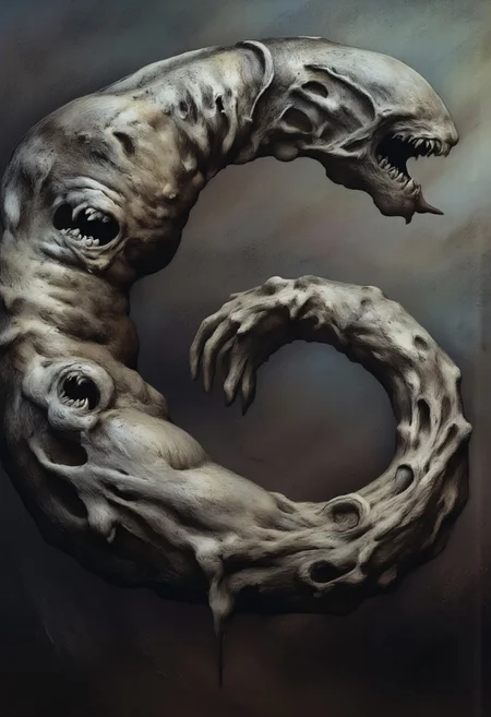 aidmaMJ6.1, Made out of paper, a PaperStyle , d4artstyle, d4concept, , d00mstyle, made of clay, ZBClay model of a gray sculpture
A grotesque, worm-like monstrosity covered in pale, wrinkled flesh that appears decayed and diseased. The creature's twisted body is riddled with multiple gaping mouths, each filled with jagged teeth, giving it a nightmarish appearance. The largest mouth, positioned at the head, is wide open, with a long, drooling tongue hanging out. Smaller mouths are scattered across its body, some partially closed and others wide open in a perpetual state of hunger, creating an unsettling texture of constantly shifting orifices. The skin is mottled with patches of rot and sores, adding to its horrific, parasitic look. The overall design evokes a sense of grotesque horror, blending elements of decay and predatory menace.
Background solid color with a faded dimly lit, fog-covered darkness tone that emphasizes its silhouette.
The medium is not a traditional painting or illustrative medium like watercolor or ink but rather a digital rendering, eerie and unsettling.