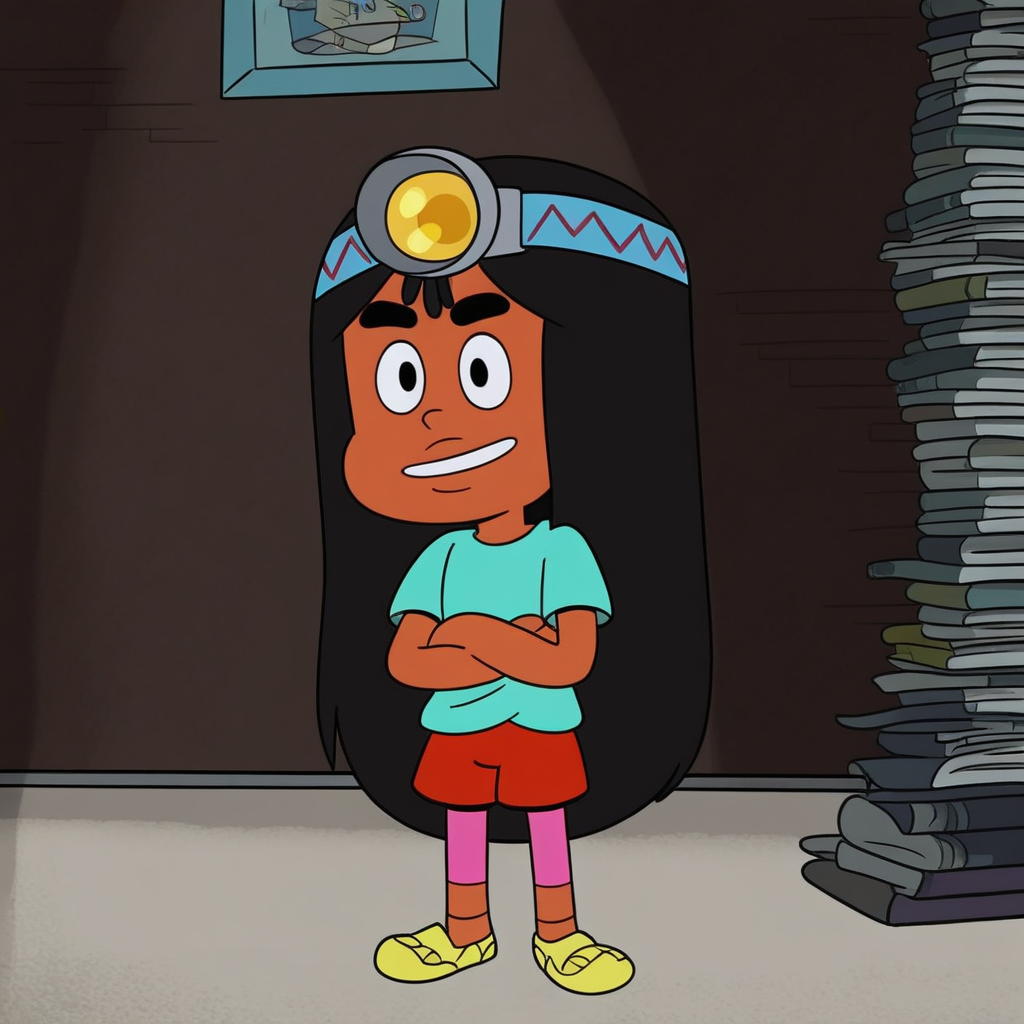 light blue T-shirt, black eyebrows, in a room, short stature, Score_9, Solo, expressive eyes, black hair, headlamp blue with red zigzag pattern, full body, Stacks_CotC, standing, smile, black eyes, 1girl, yellow shoes, pink leggings under shorts, red shorts, long hair