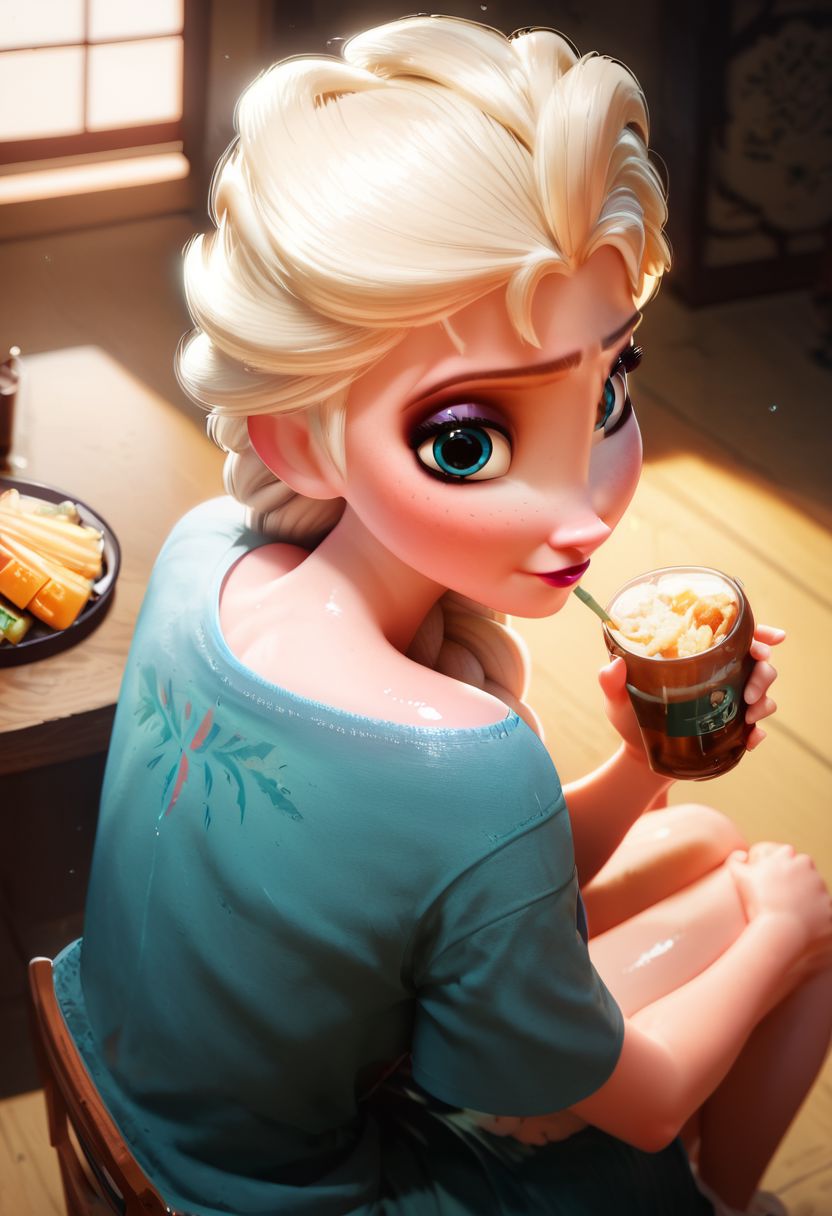score_9, score_8_up, score_7_up,   
1girl, Elsa, Disney, \(Frozen\)/,(ultra HD quality details), blue eyes, blonde hair, single braid, single braid over shoulder, casual denims, fitted t-shirt,
cute girl, shiny skin, beautiful eyes BREAK japanese bar, drinks, food, sitting on a chair, back view, looking back at viewer, high angle perspective,