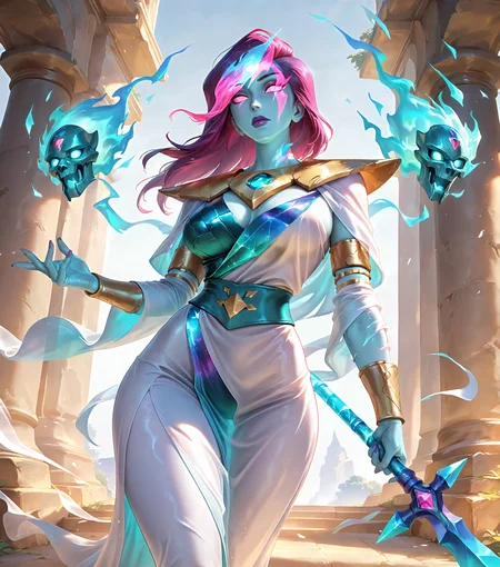 <lora:Fiora_league:0.8> f1ora, solo, purple hair, official art, Spirit Sentinel, flowing translucent robes, spectral spear, drifting ghostly companions, ancient crypt, masterpiece, best quality, amazing quality, <lora:cfg_scale_boost:0.5>,