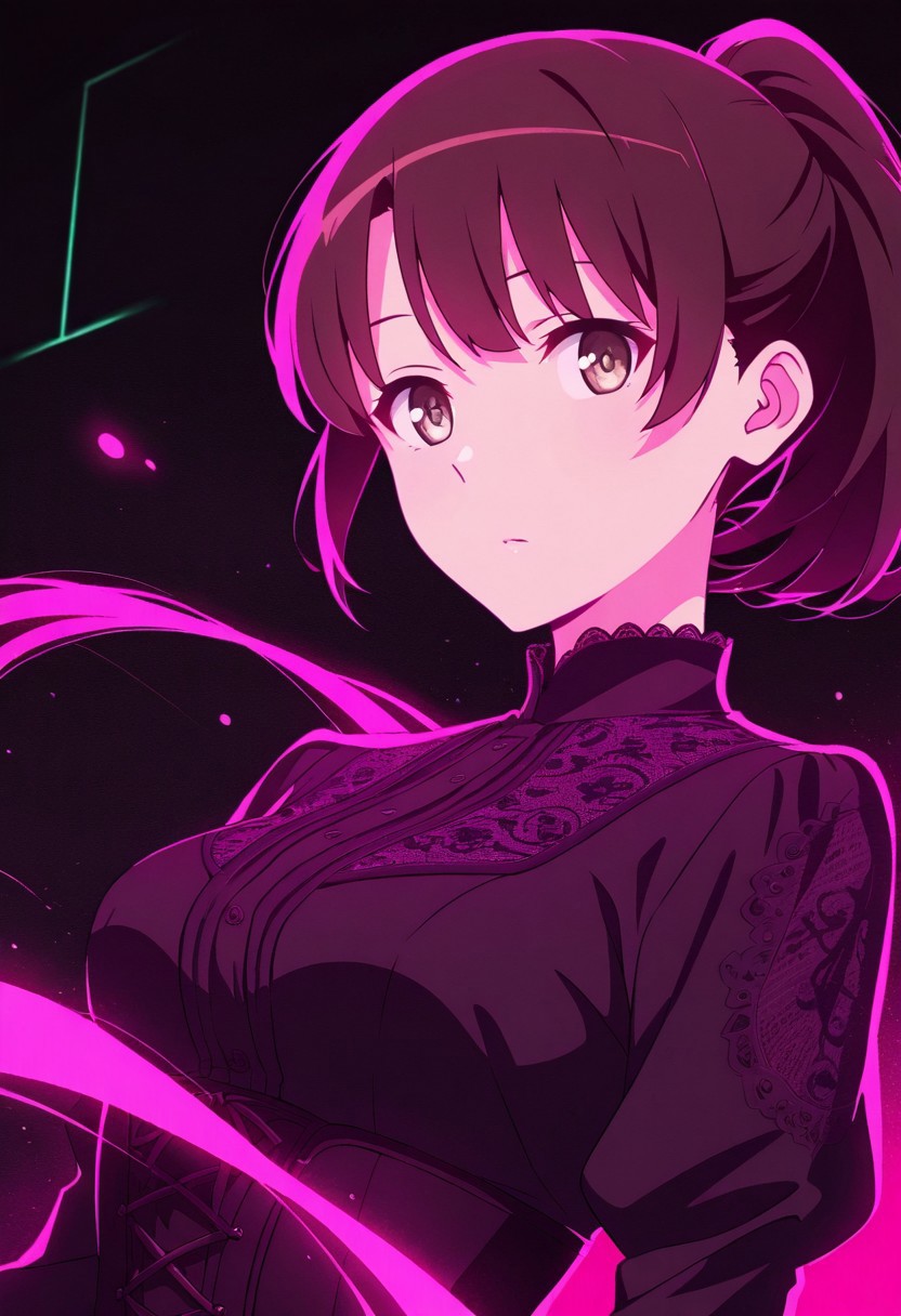 silhouette character, black ink, neon colors, colors splash effect, flowing hair, Masterpiece, clean lines, sharp, focused subject, minimalistic composition, side view, blue and pink neon lights, black background, futuristic, katomegumi, 1girl,Megumi <lora:IL-KatoMegumi:0.8>,brown hair,katou megumi,brown eyes,pupils, short hair, medium breasts, dynamic motion, dynamic angle, vibrant colour, looking at viewer , ponytail , Victorian gothic dress, black lace details, high collar, corset design